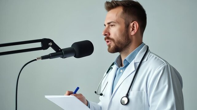 Doctor speaking into microphone while reviewing patient notes in a studio setting