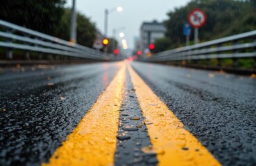 Wet asphalt road with yellow lane markings and blurred city background on a rainy day