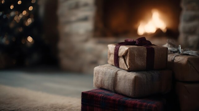 A stack of elegantly wrapped Christmas gifts sits before a warm glowing fireplace