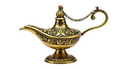 Ornate golden aladdin lamp isolated on transparent background