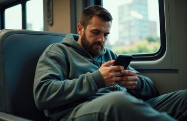 A man using a smartphone while traveling on public transportation