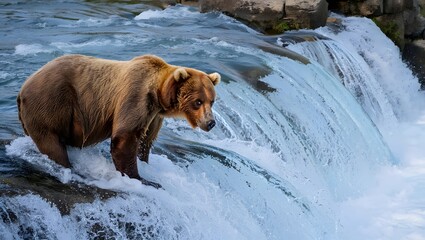 Brown bear fishing in alaska waterfall with rocks and splashes of water around it all day