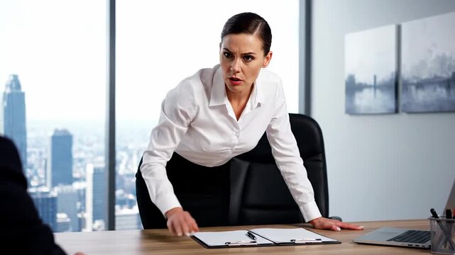 Fierce female manager angrily reprimanding a male colleague in a high pressure meeting. Illustrating a workplace marked by hostility and discord
