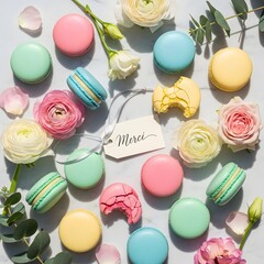 Flat lay of pastel macaroons, flowers, and gift tag on marble surface, bright diffused daylight.