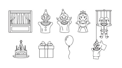 Whimsical birthday celebration elements line art set festive decorations and characters for party design vector