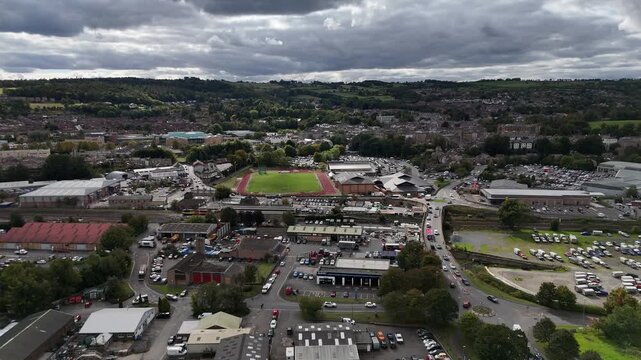 Aerial drone view bridge Hexham north east england northumberland market town city british uk Tynedale countryside