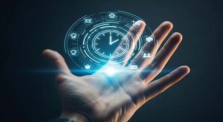 Managing Time Effectively A Hand Holding a Glowing Clock Interface Showing Digital Productivity and Efficiency For
