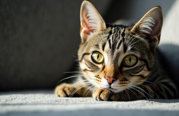Close-up of a tabby cat lying on the floor with sunlight highlighting its face and eyes