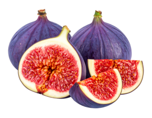 Fresh ripe purple figs cut open showing juicy red interior isolated on transparent background