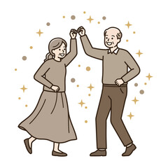 Vector art of elderly couple dancing happily with sparkling effect