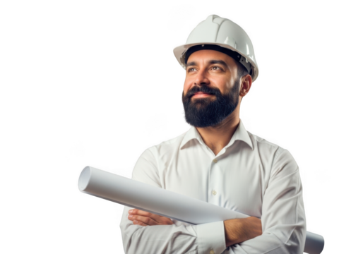 Bearded construction engineer in white hard hat holding blueprints looking upwards isolated on transparent background