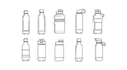 Collection of hand drawn water bottle icons various styles modern reusable beverage containers vector