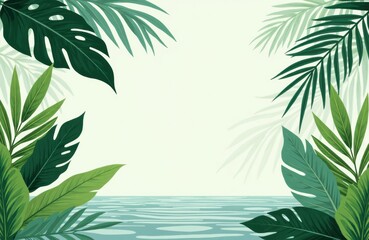 Lush green tropical leaves framing a calm water scene with a light background