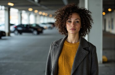 Woman with curly hair standing in parking garage with cars and lights in background