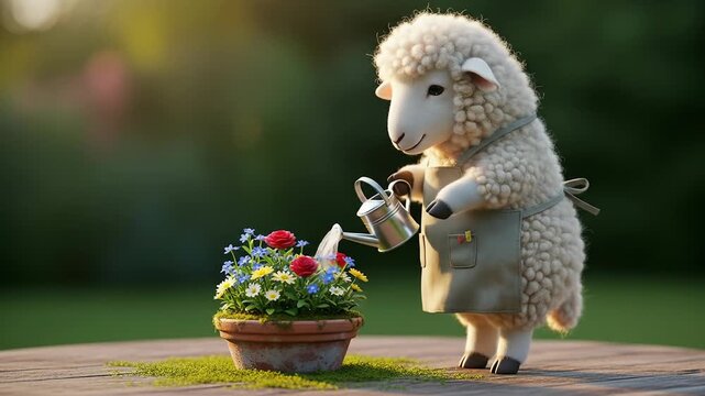 Adorable Sheep Gardener Watering Flowers in Sunny Garden