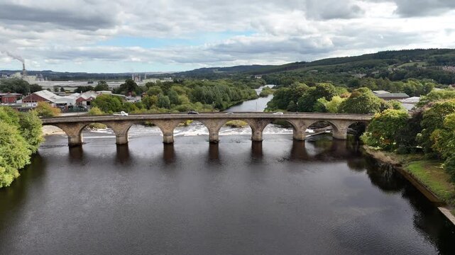 Aerial drone view Hexham north east england northumberland market town city british uk Tynedale bridge