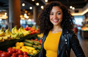 Woman shopping for fresh fruit in a grocery store produce section