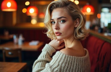 Fototapeta premium Woman with blonde hair and stylish makeup in a cozy cafe setting