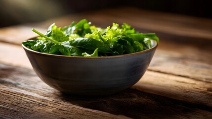 A bowl of fresh vibrant green salad sits on a rustic wooden table bathed in soft morning light suggesting a healthy organic meal