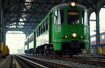 Obraz premium Green train arriving at station with metal roof structure and railway tracks