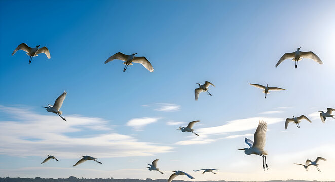 Serene Flight: Flock of White Birds Soaring Against a Vivid Blue Sky on a Sunny Day revealing