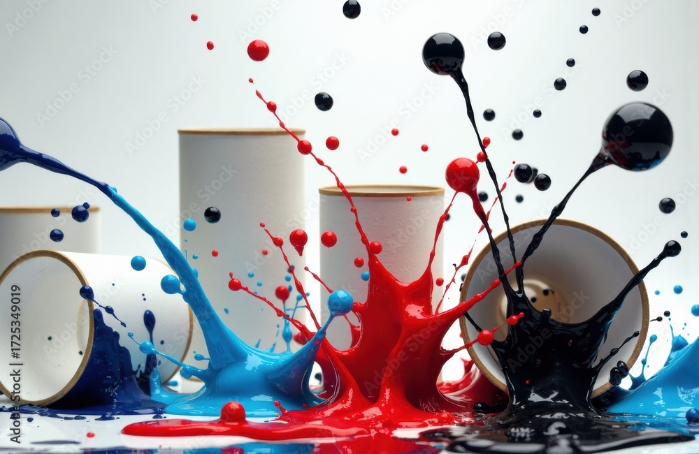 Poster colorful paint splashes with cups and containers creating dynamic abstract art