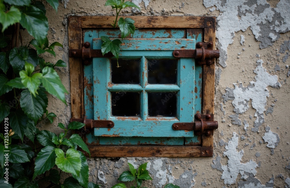 Poster old rustic window with peeling paint and surrounding greenery on weathered wall