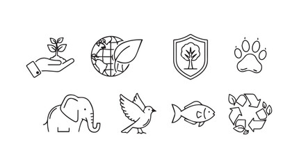Diverse hand-drawn eco icons representing nature conservation and wildlife protection concepts vector