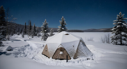 Winter Tent Camping Under Starry Sky