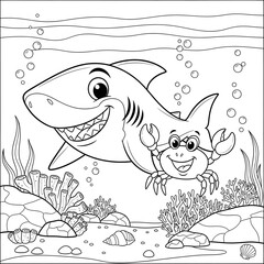 Fototapeta premium Cute shark and crab coloring page. Adorable cartoon sea animal illustration. Happy shark swimming with a smiling crab in an underwater scene. Fun printable activity sheet for kids.