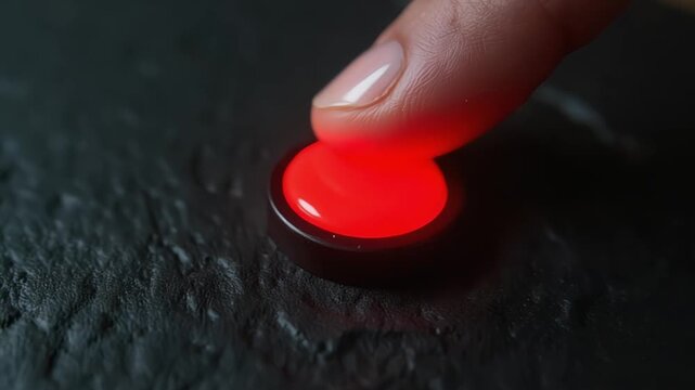 Finger pressing a glowing red button on a textured black surface implying urgency
