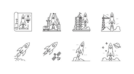 Obraz premium Collection of stylized outline icons depicting buildings nature and celestial elements vector