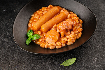 Cassoulet beans with meat and sausage french cuisine vegetables dish natural product tasty snack fresh delicious gourmet food background on the table rustic top view copy space