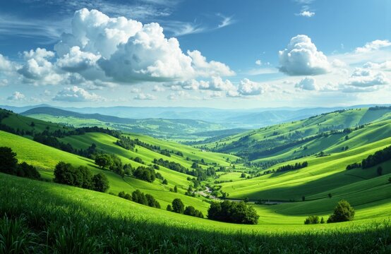 Lush green rolling hills under a bright blue sky with fluffy clouds