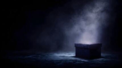 A mysterious dark box emits a glowing light and smoke creating a magical atmosphere