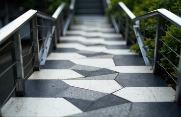 A modern outdoor staircase with geometric patterned steps and metal railings