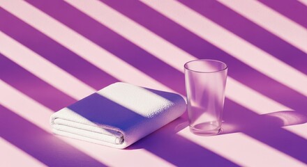 Clean White Towel and Clear Glass on Pink Surface with Shadow Stripes