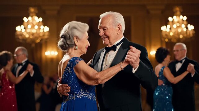 Elderly couple sharing a tender moment on the dance floor at a fancy affair. Handsome senior man and elegant woman joyfully swaying in a traditional ballroom setting