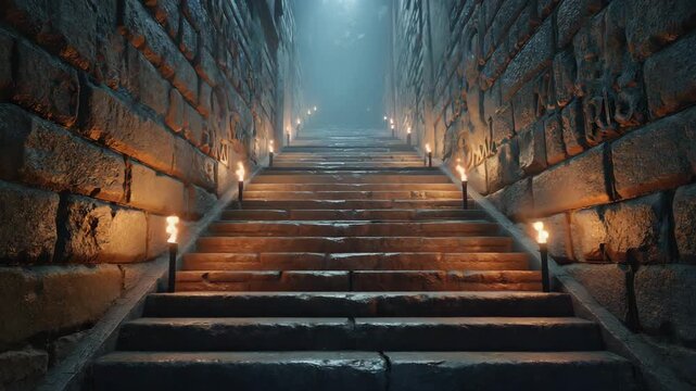 Torch-lit staircase descending into underground crypts 
