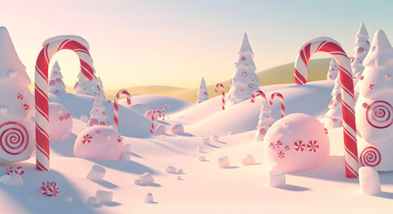 Whimsical Candy Land Landscape with Festive Trees, Red and White Candy Canes, and Sweet Treats