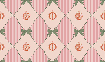 Christmas seamless pattern with baubles and bows in vintage style. Geometric rhombus ornaments with stripes on background