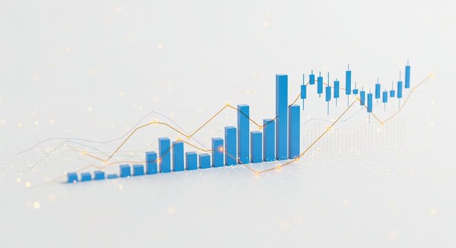 3D visualization of financial market growth, business analytics. Ascending bar charts and upward line graph symbolize economic progress, investment success, data insights - Powered by Adobe