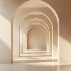 Fototapeta premium Ancient European monastery's stone corridor features a brightly lit arch and columns within the empty, modern architectural interior of the building