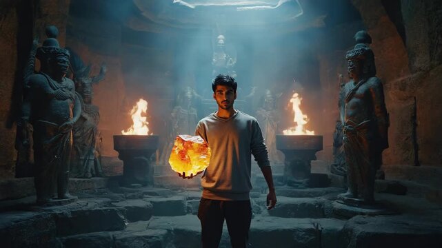 Explorer holding glowing gemstone in ancient crypt 