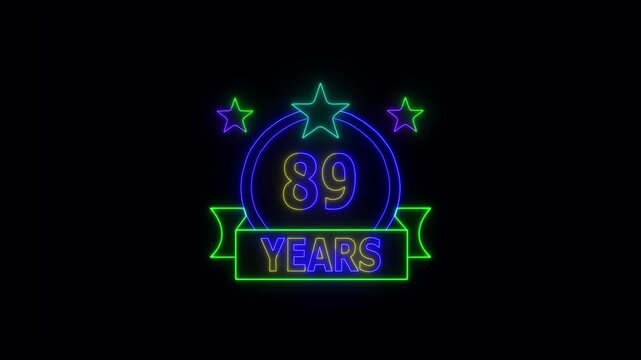 89 Years Anniversary Celebration Neon Sign with Stars and Glowing Banner Highlighting Milestone Achievement and Success.