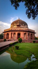 Fototapeta premium A grand domed structure reflects in a calm pool, framed by manicured lawns and trees at sunset