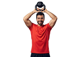 Muscular man in red shirt performing kettlebell overhead press workout exercise isolated on transparent background