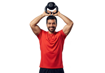 Muscular man in red shirt performing kettlebell overhead press workout exercise isolated on transparent background