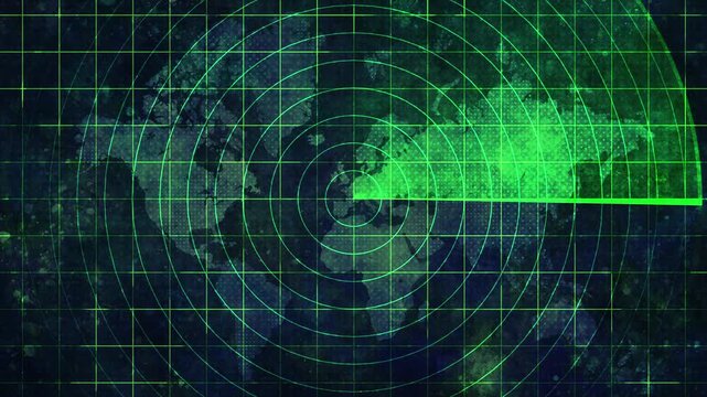 Loopable world map with green radar grid with textured background, pulsing grunge surface, mottled and stained backdrop, surveillance system with scanning sweep