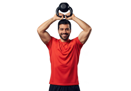 Muscular man in red shirt performing kettlebell overhead press workout exercise isolated on transparent background